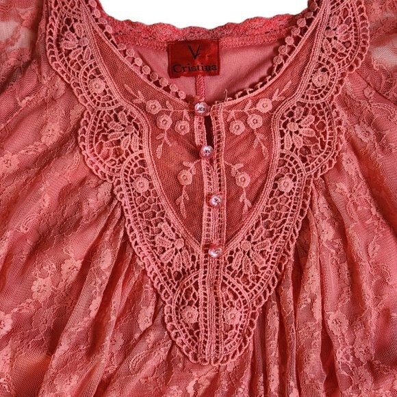 V Cristina flutter sleeve floral print lace overlay top sz M - Picture 7 of 12